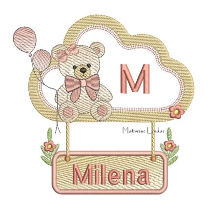 Matriz de Bordado - Nome Milena com Ursinha na Moldura