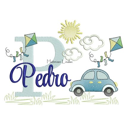 Matriz de Bordado - Nome Pedro Cenário com Carrinho