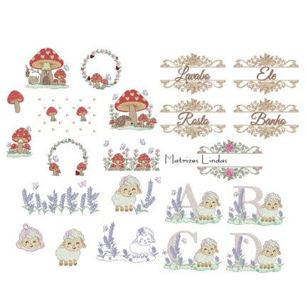 Matriz de Bordado - Coleção Ovelhinha Coleção Cogumelo e coleção arabesco toalha