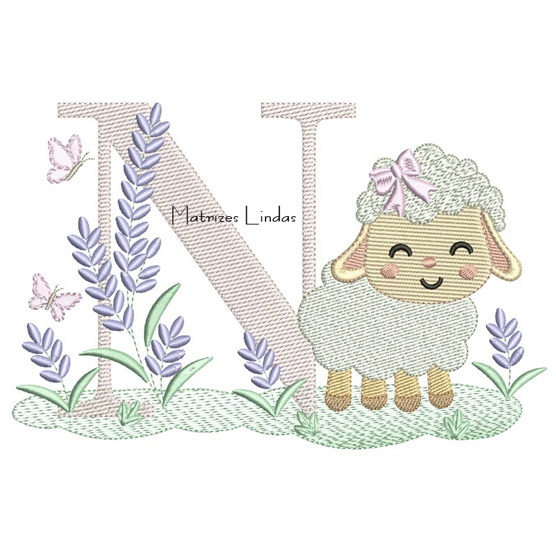 Matriz de Bordado - Letra N Ovelhinha Lavanda Matriz de Bordado - Letra N Ovelhinha Lavanda