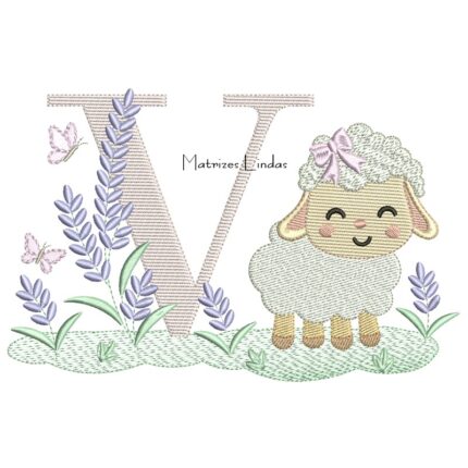 Matriz de Bordado - Letra V Ovelhinha Lavanda