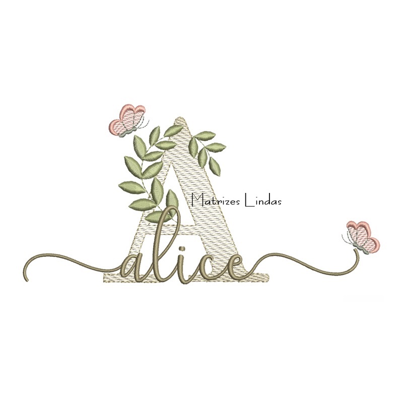 Matriz de Bordado Nome Alice folhas e Borboletas Matriz de Bordado Nome Alice folhas e Borboletas