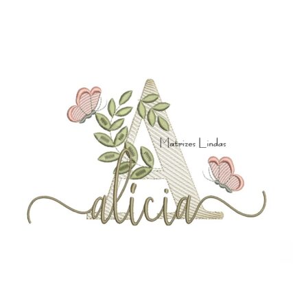 Matriz de Bordado Nome Alícia folhas e Borboletas