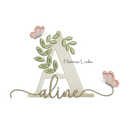 Matriz de Bordado Nome Aline folhas e Borboletas