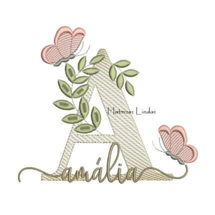 Matriz de Bordado Nome Amália folhas e Borboletas