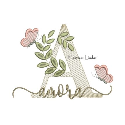 Matriz de Bordado Nome Amora folhas e Borboletas