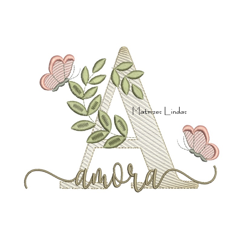 Matriz de Bordado Nome Amora folhas e Borboletas Matriz de Bordado Nome Amora folhas e Borboletas