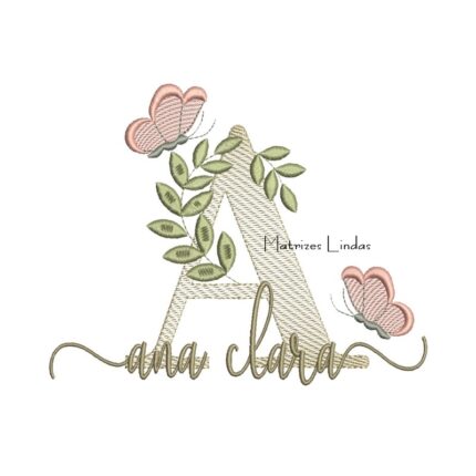 Matriz de Bordado Nome Ana Clara folhas e Borboletas