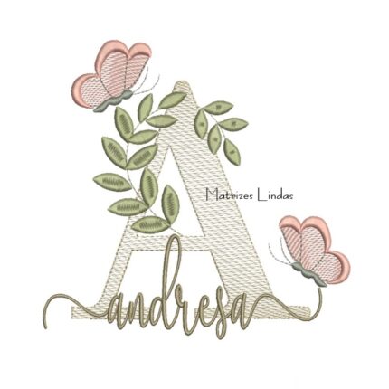 Matriz de Bordado Nome Andresa folhas e Borboletas