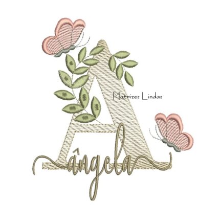 Matriz de Bordado Nome Ângela folhas e Borboletas