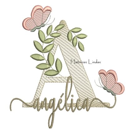 Matriz de Bordado Nome Angélica folhas e Borboletas