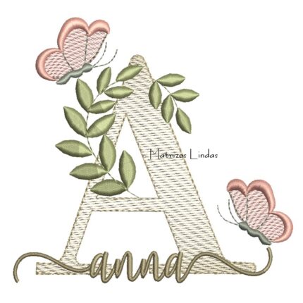 Matriz de Bordado Nome Anna folhas e Borboletas