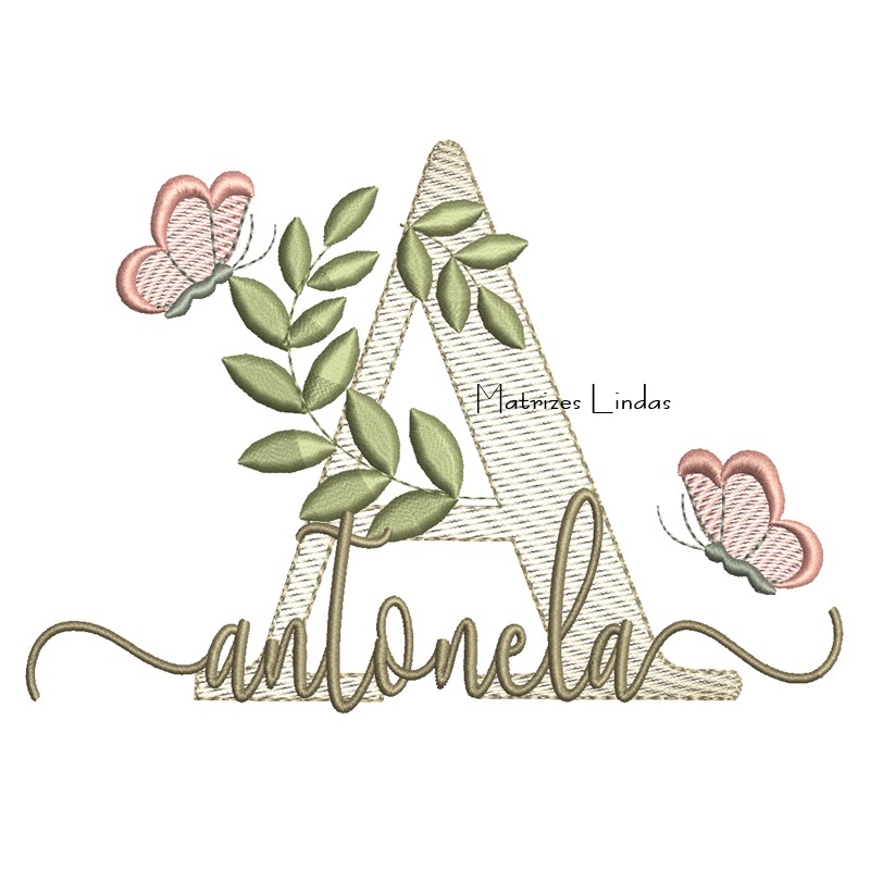 Matriz de Bordado Nome Antonela folhas e Borboletas Matriz de Bordado Nome Antonela folhas e Borboletas