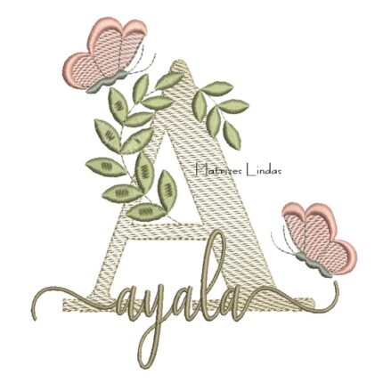 Matriz de Bordado Nome Ayala folhas e Borboletas