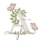 Matriz de Bordado Nome Ayla folhas e Borboletas