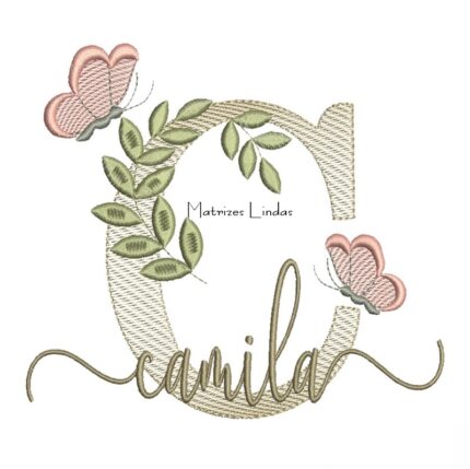 Matriz de Bordado Nome Camila folhas e Borboletas