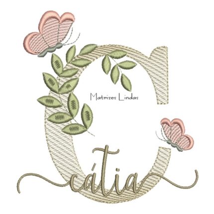 Matriz de Bordado Nome Cátia folhas e Borboletas