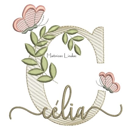 Matriz de Bordado Nome Célia folhas e Borboletas