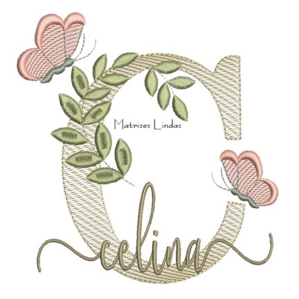 Matriz de Bordado Nome Celina folhas e Borboletas