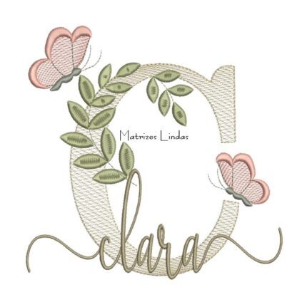 Matriz de Bordado Nome Clara folhas e Borboletas