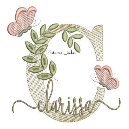 Matriz de Bordado Nome Clarissa folhas e Borboletas