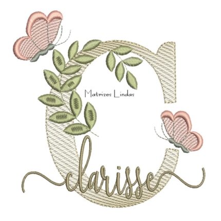 Matriz de Bordado Nome Clarisse folhas e Borboletas