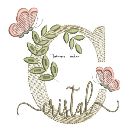 Matriz de Bordado Nome Cristal folhas e Borboletas