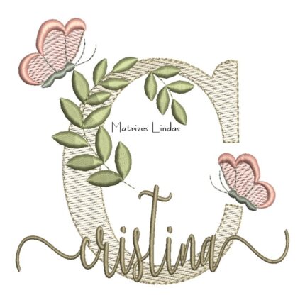 Matriz de Bordado Nome Cristina folhas e Borboletas