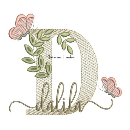 Matriz de Bordado Nome Dalila folhas e Borboletas