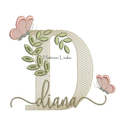Matriz de Bordado Nome Diana folhas e Borboletas