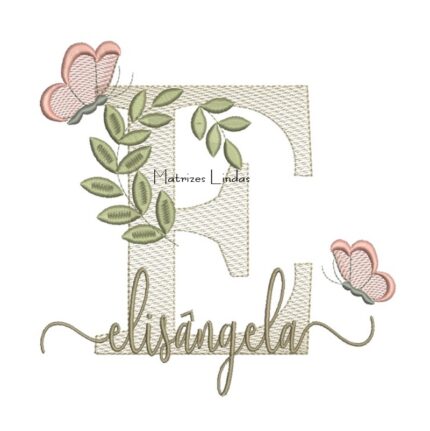 Matriz de Bordado Nome Elisângela folhas e Borboletas