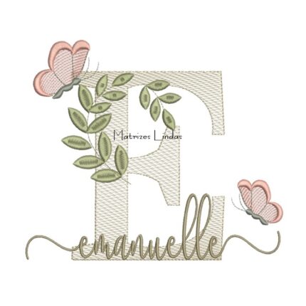 Matriz de Bordado Nome Emanuelle folhas e Borboletas