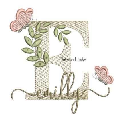 Matriz de Bordado Nome Emilly folhas e Borboletas