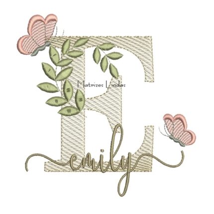Matriz de Bordado Nome Emily folhas e Borboletas