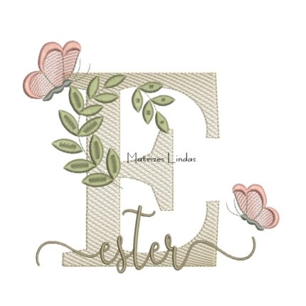 Matriz de Bordado Nome Ester folhas e Borboletas