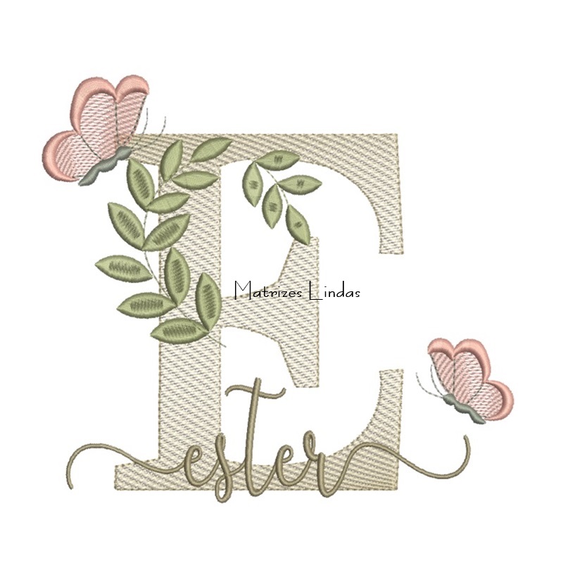 Matriz de Bordado Nome Ester folhas e Borboletas Matriz de Bordado Nome Ester folhas e Borboletas