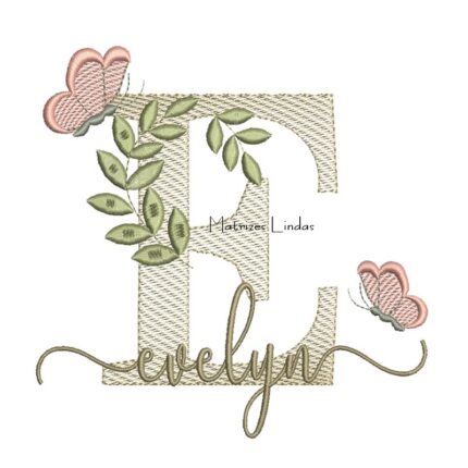 Matriz de Bordado Nome Evelyn folhas e Borboletas
