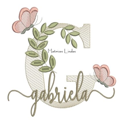 Matriz de Bordado Nome Gabriela folhas e Borboletas
