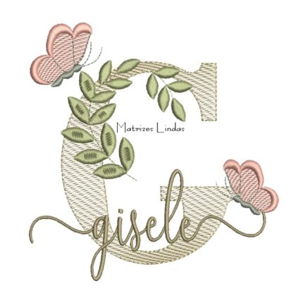 Matriz de Bordado Nome Gisele folhas e Borboletas