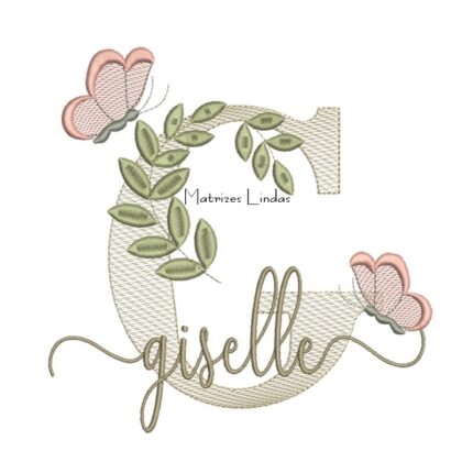 Matriz de Bordado Nome Giselle folhas e Borboletas