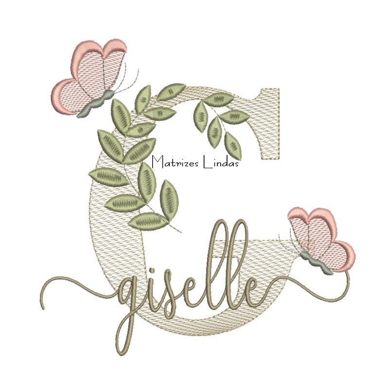 Matriz de Bordado Nome Giselle folhas e Borboletas Matriz de Bordado Nome Giselle folhas e Borboletas