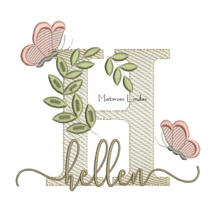 Matriz de Bordado Nome Hellen folhas e Borboletas