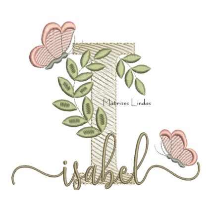 Matriz de Bordado Nome Isabel folhas e Borboletas