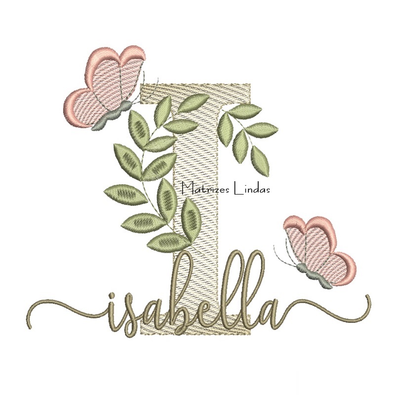 Matriz de Bordado Nome Isabella folhas e Borboletas Matriz de Bordado Nome Isabella folhas e Borboletas