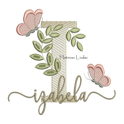 Matriz de Bordado Nome Izabela folhas e Borboletas