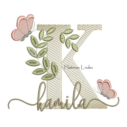 Matriz de Bordado Nome Kamila folhas e Borboletas