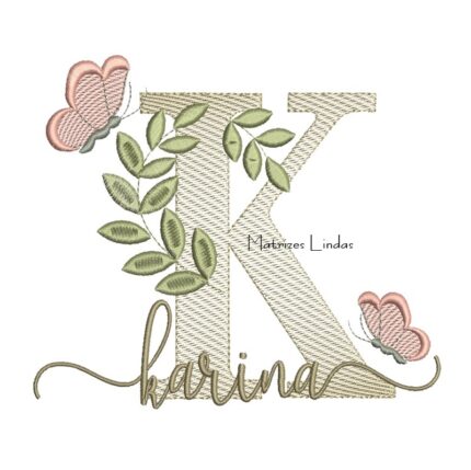 Matriz de Bordado Nome Karina folhas e Borboletas