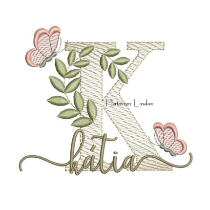 Matriz de Bordado Nome Kátia folhas e Borboletas