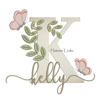 Matriz de Bordado Nome Kelly folhas e Borboletas
