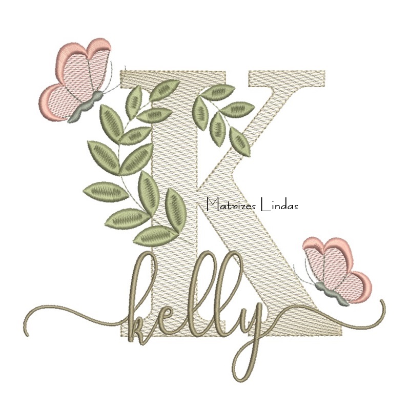 Matriz de Bordado Nome Kelly folhas e Borboletas Matriz de Bordado Nome Kelly folhas e Borboletas
